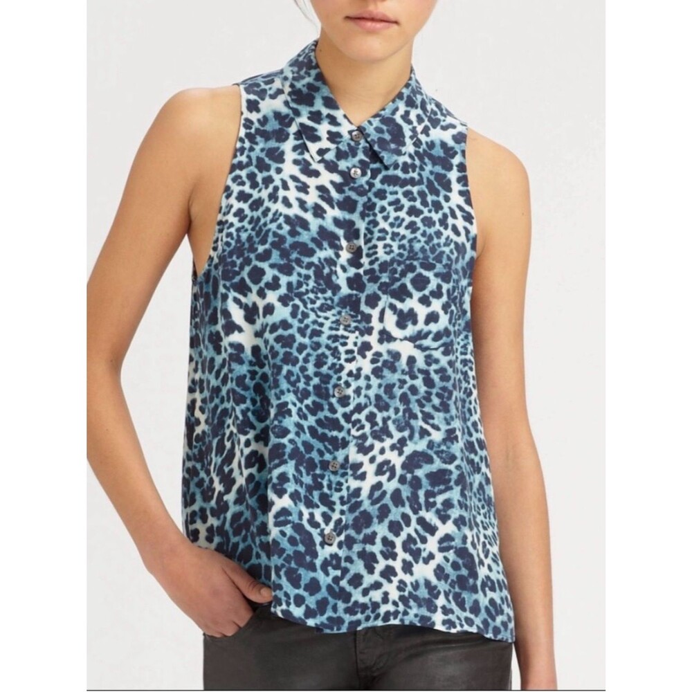 Equipment Femme Mina 100% Silk Sleeveless Blouse Blue Leopard Print M